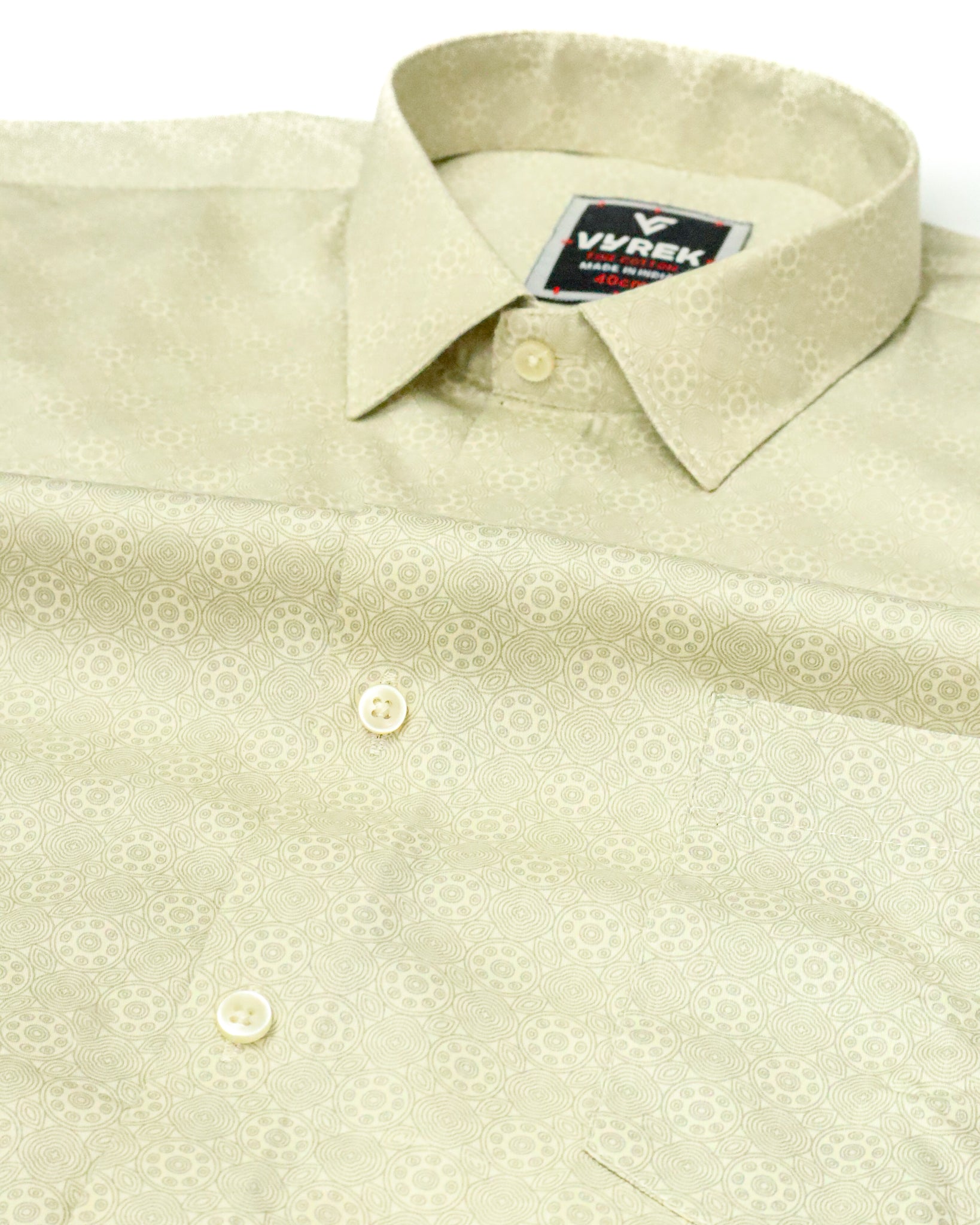Men's Slim Fit Light Beige Printed Cotton Shirt