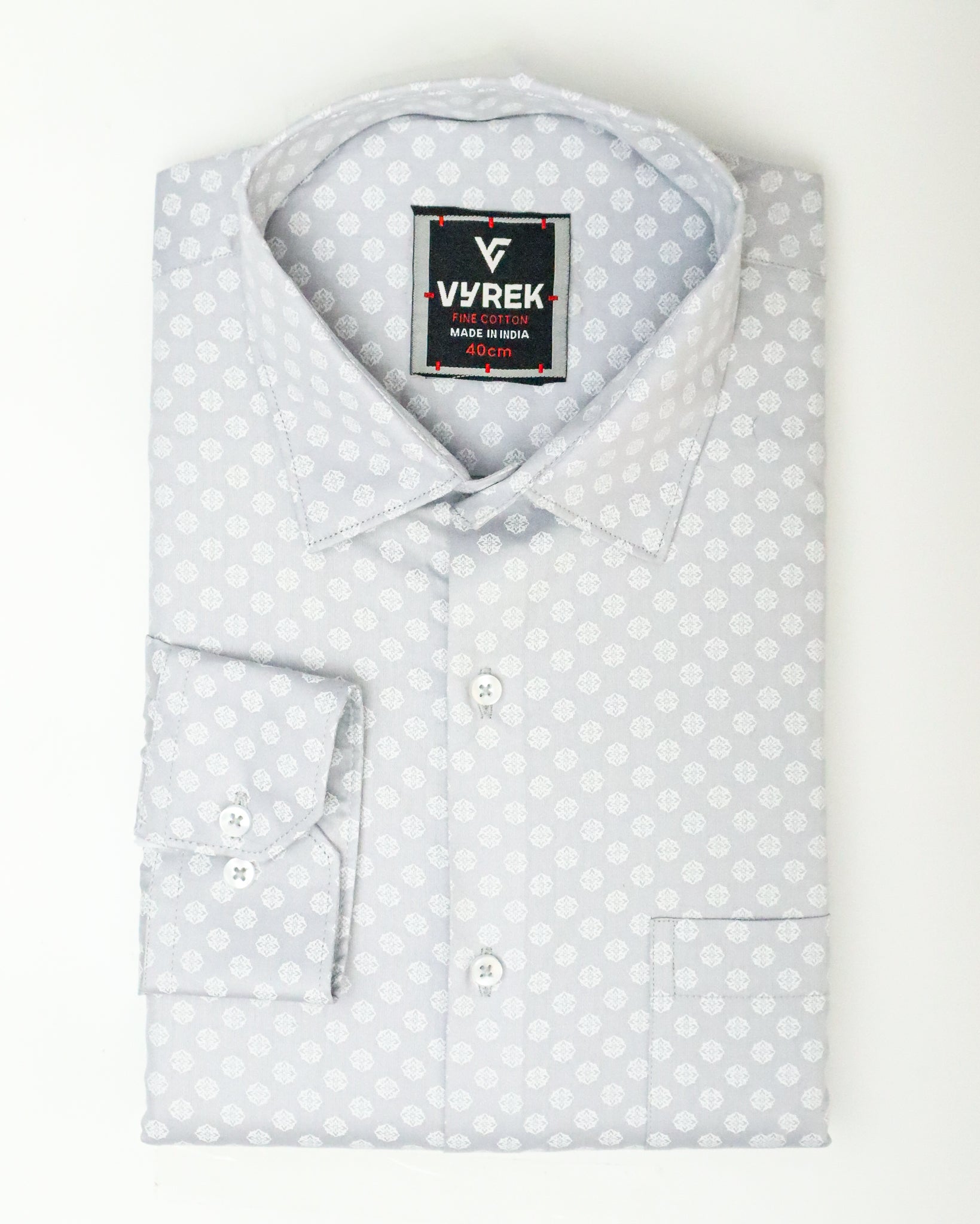 Men's Slim Fit Light Grey Textured Print Cotton Shirt