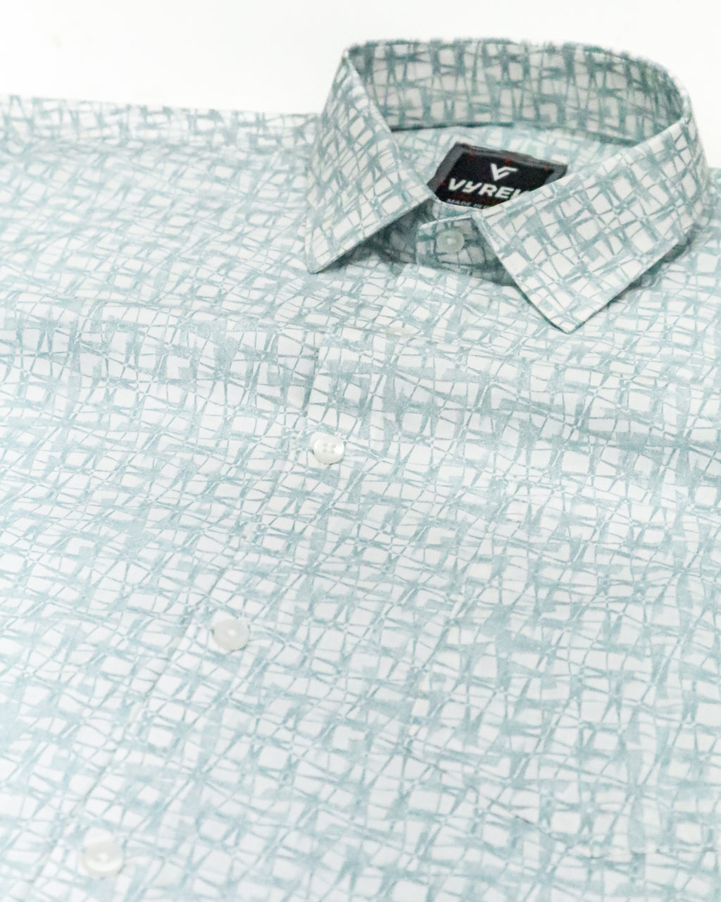 Men's Slim Fit White Distressed Grid Print Cotton Shirt