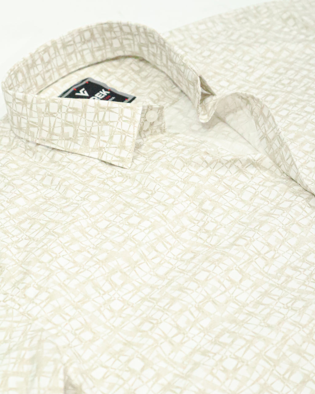 Men's Slim Fit Off-White Distressed Grid Print Cotton Shirt