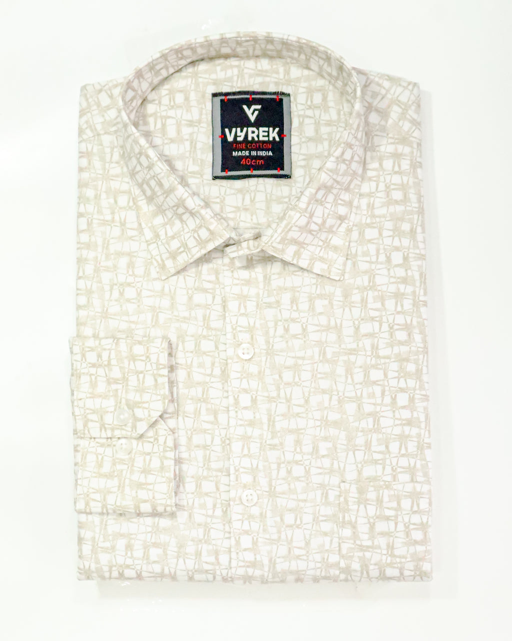 Men's Slim Fit Off-White Distressed Grid Print Cotton Shirt